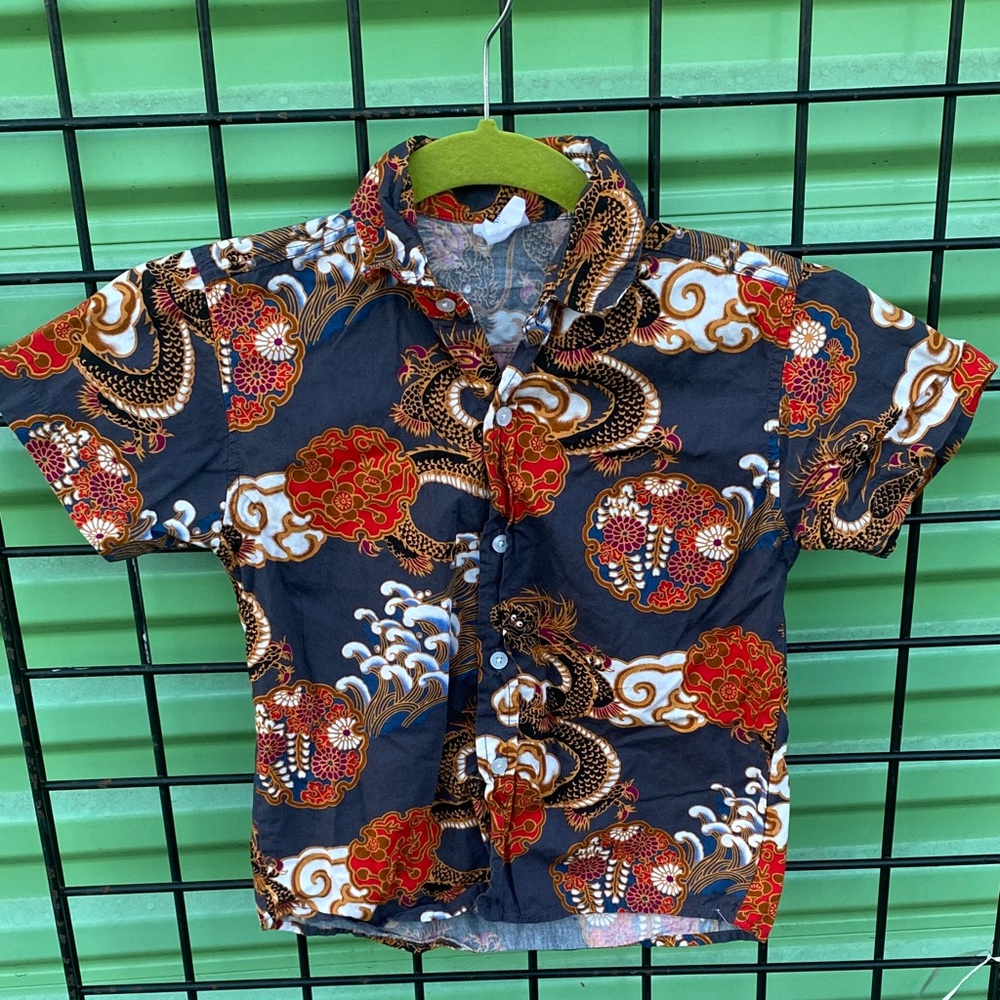 Kids Dragon Print Button-Up Shirt - Gray and Red